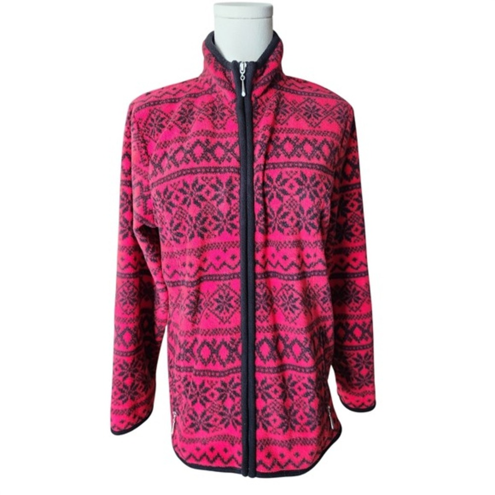 Karen Scott Sport Fleece Jacket Red Black Fair Isle Print Full Zip Women's Small